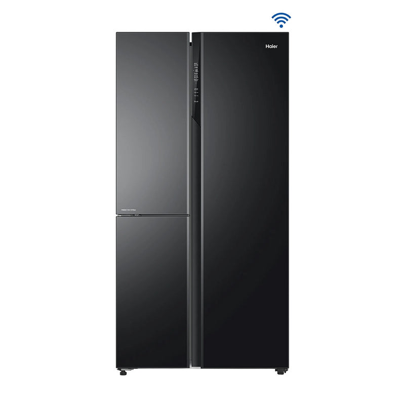 Haier 598L 3 Star Black Glass 3 Door Smart Convertible Side-by-Side Refrigerator | HRT-683KGU1-1