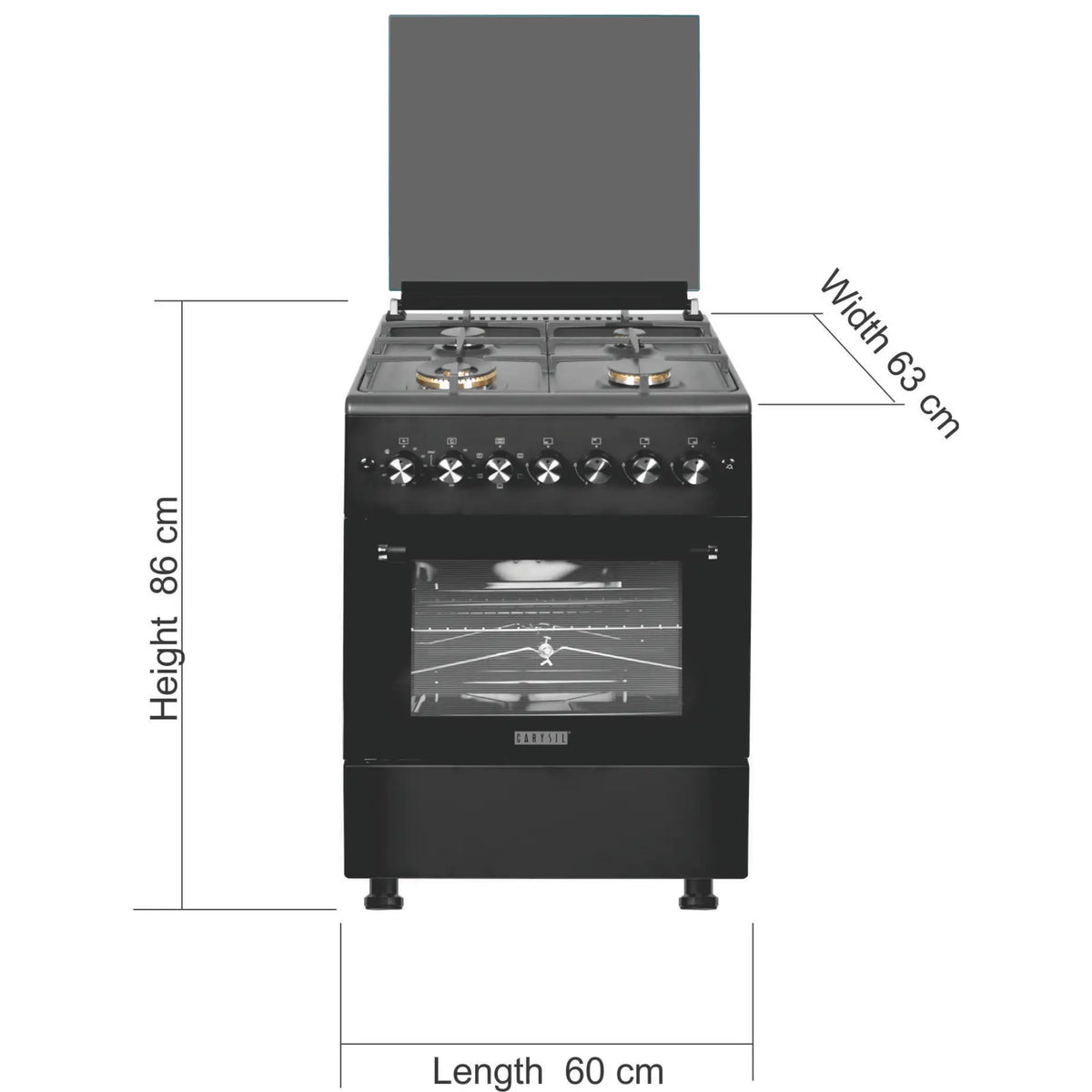 Carysil Free-Standing Cooking Range FSCR-04 – 62L Electric Oven, 4 SABAF Gas Burners, Cast Iron Pan Support, Digital Timer, Stainless Steel Black Finish, 4-Burner Cooking Range-5
