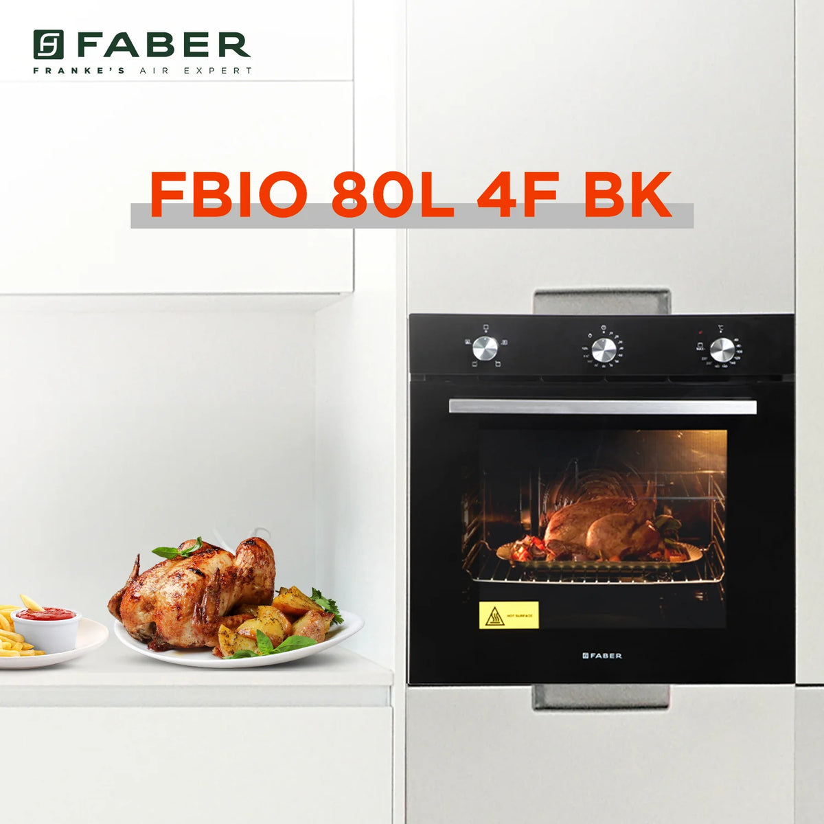 Faber FBIO 80L 4F BK Built-in Oven – 80L Black Glass, 4 Cooking Functions, Push/Pull Knob Control, Mechanical Timer, Convection Cooking, Energy Efficient