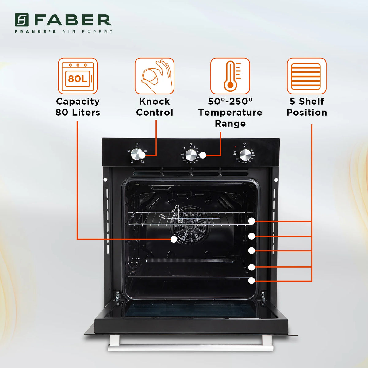 Faber FBIO 80L 4F BK Built-in Oven – 80L Black Glass, 4 Cooking Functions, Push/Pull Knob Control, Mechanical Timer, Convection Cooking, Energy Efficient-4