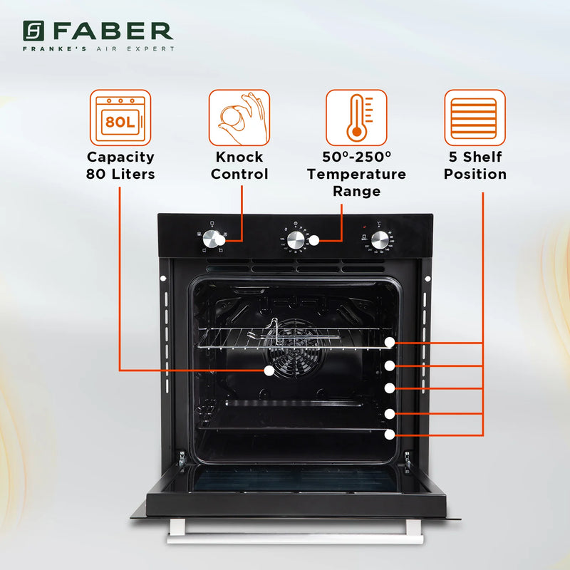 Faber FBIO 80L 4F BK Built-in Oven – 80L Black Glass, 4 Cooking Functions, Push/Pull Knob Control, Mechanical Timer, Convection Cooking, Energy Efficient-4