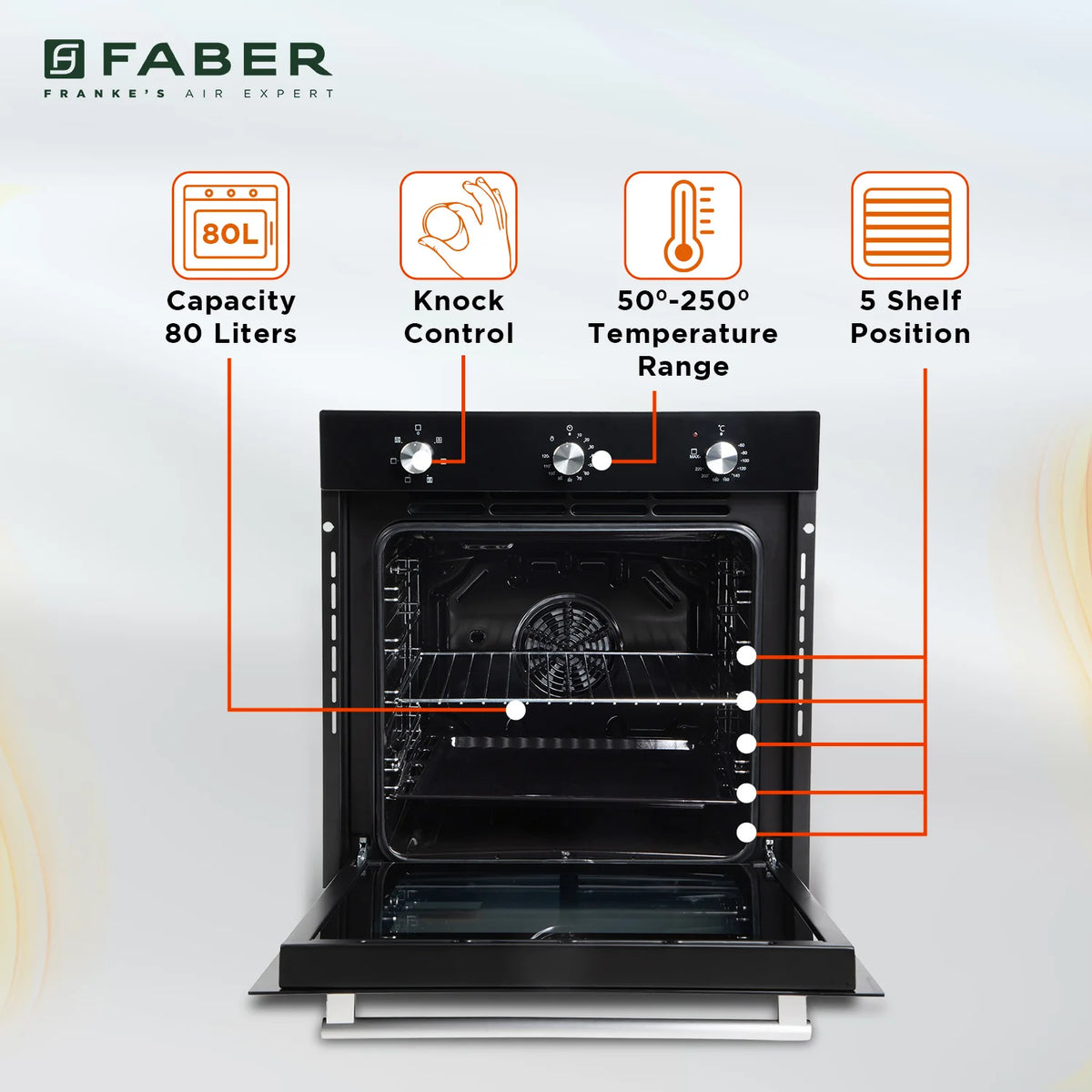 Faber FBIO 80L 6F BK Built-in Oven – 80L Black Glass, 6 Cooking Functions, Touch + Push/Pull Knob Control, Convection & Grill Cooking, Energy Efficient-5