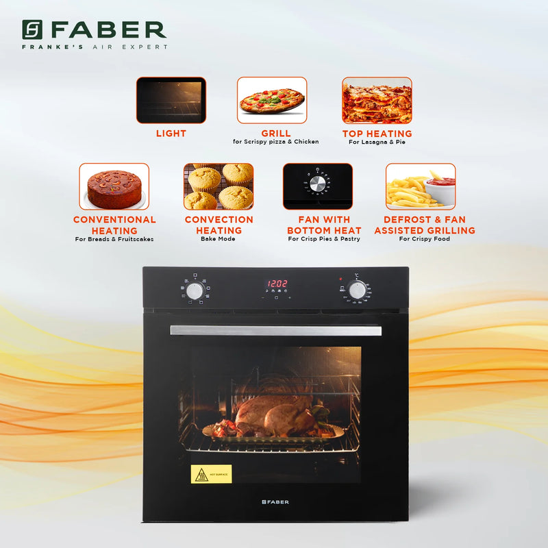 Faber FBIO 80L 8F BK Built-in Oven – 80L Black Glass, 8 Cooking Functions, Push/Pull Knob Control, Digital Timer, Convection & Grill Cooking, Energy Efficient-4
