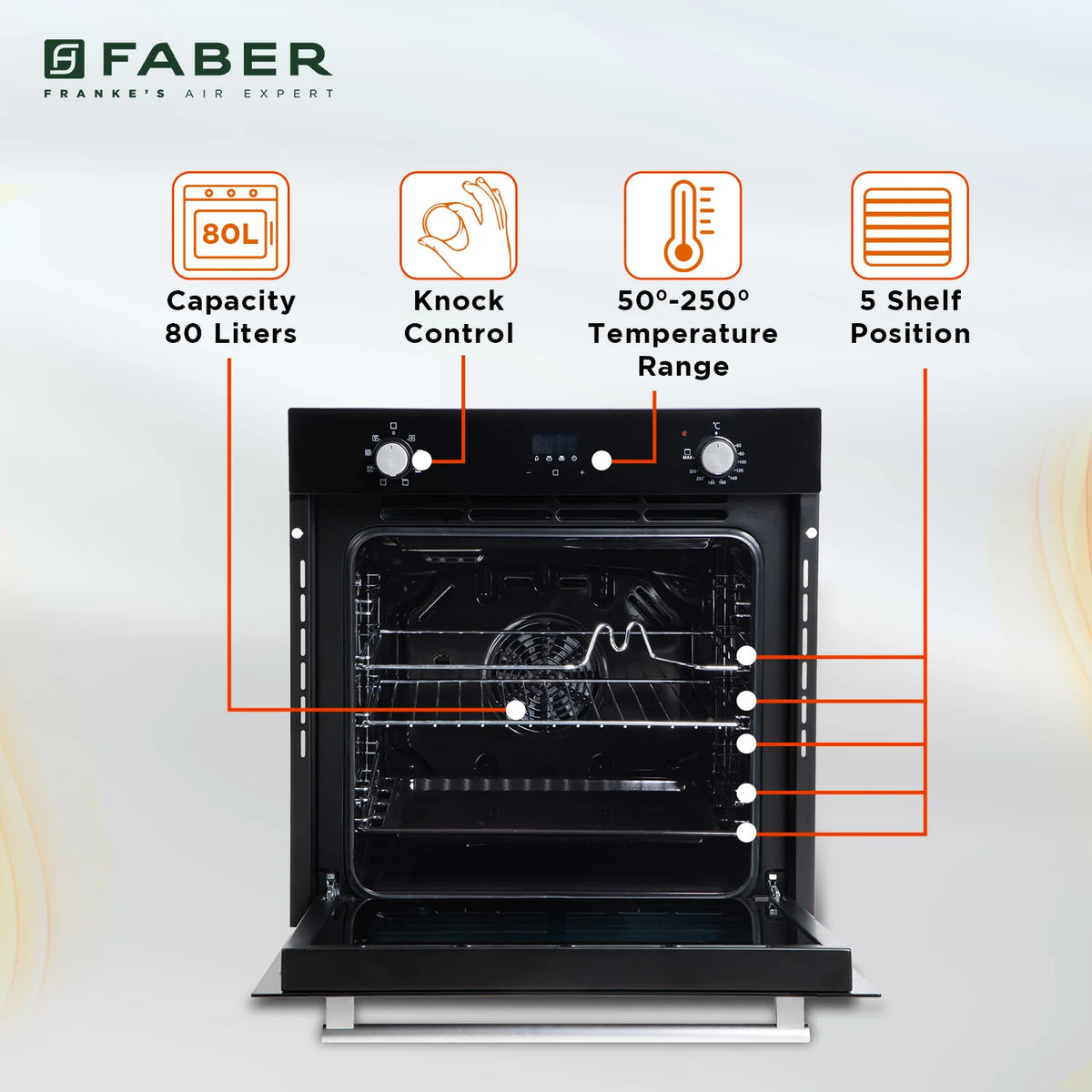 Faber FBIO 80L 8F BK Built-in Oven – 80L Black Glass, 8 Cooking Functions, Push/Pull Knob Control, Digital Timer, Convection & Grill Cooking, Energy Efficient-5