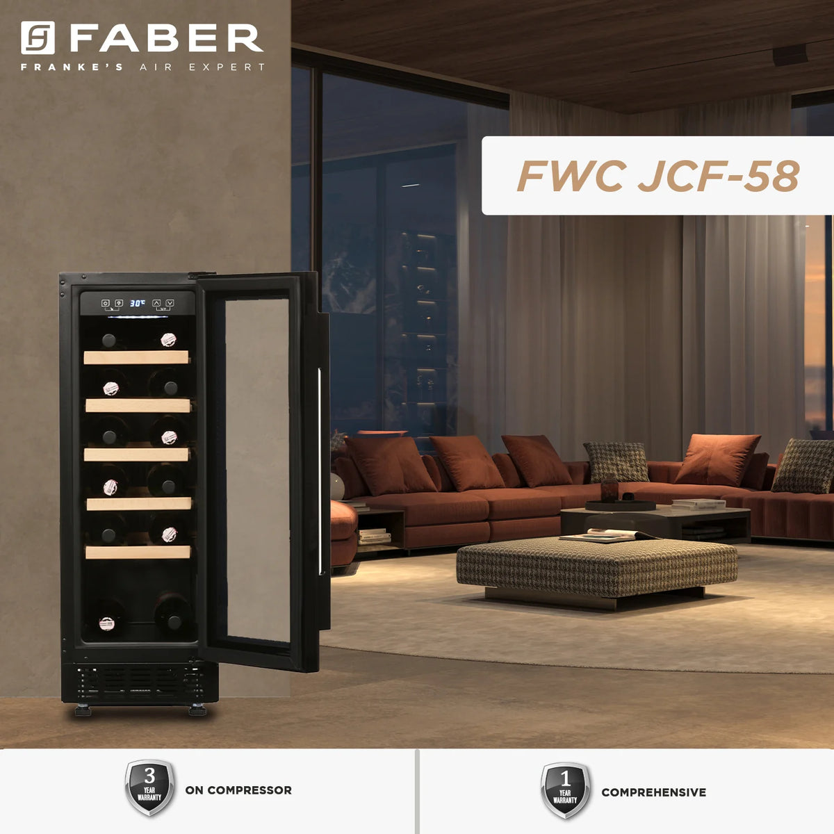 Faber FWC JCF-58 Wine Cooler – 20 Bottle Capacity, Single Zone Cooling, Touch LED Display, Wooden Shelves, Built-in / Freestanding-12