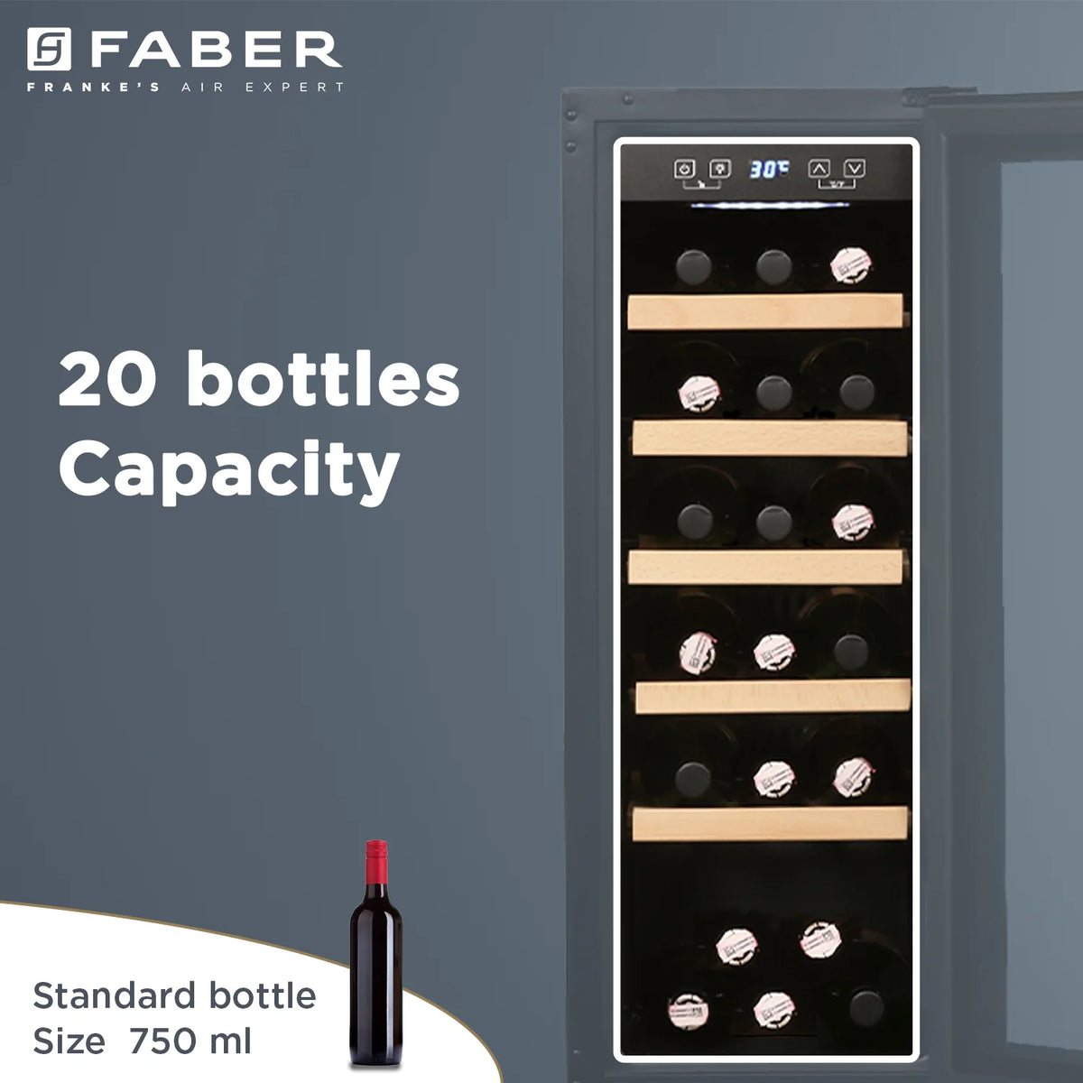 Faber FWC JCF-58 Wine Cooler – 20 Bottle Capacity, Single Zone Cooling, Touch LED Display, Wooden Shelves, Built-in / Freestanding