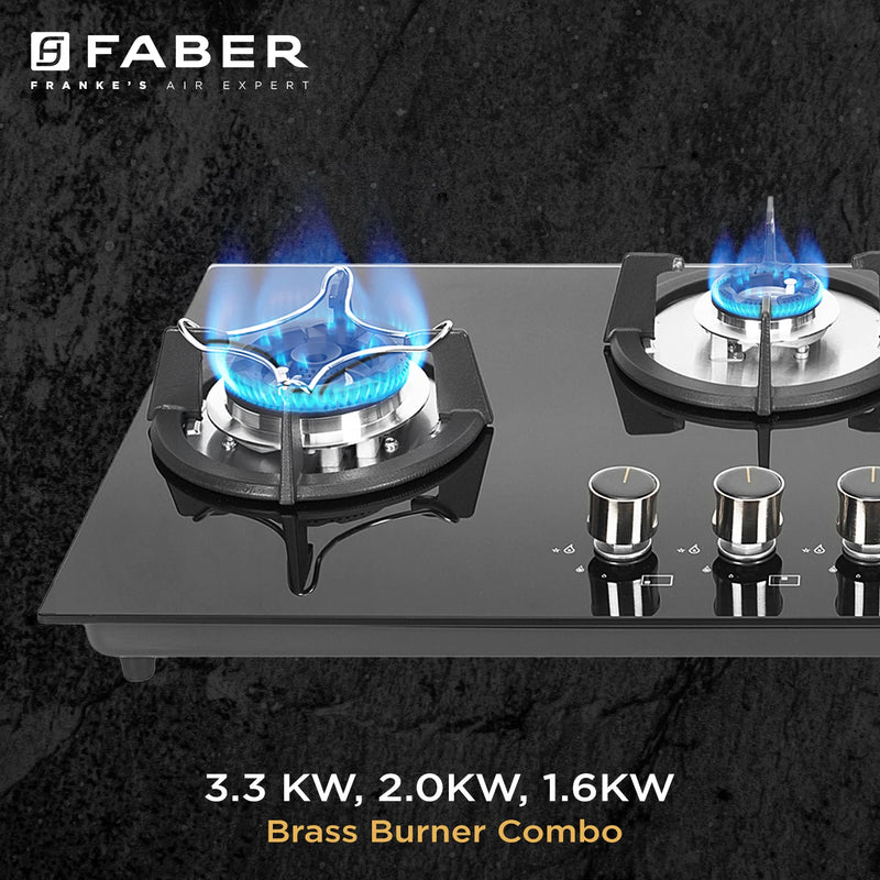Faber HOB SUPERIA HT763 BR AI N – 3-Burner Brass Gas Hob, Toughened Black Glass, Auto Ignition, 76cm-2