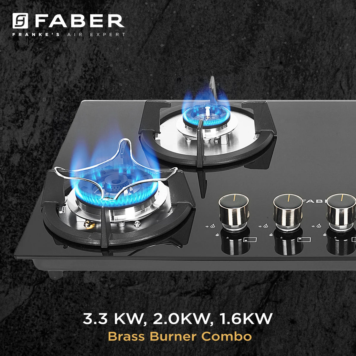 Faber HOB SUPERIA HT764 BR AI N – 4-Burner Brass Gas Hob, Toughened Black Glass, Auto Ignition, 76cm