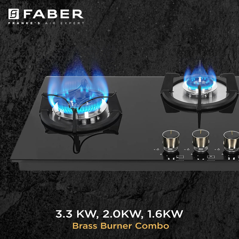 Faber HOB SUPERIA HT903 BR AI N – 3-Burner Brass Gas Hob, Toughened Black Glass, Auto Ignition, 90cm-8