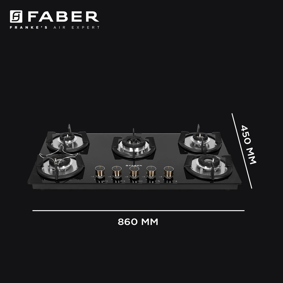 Faber HOB SUPERIA HT905 BR AI N – 5-Burner Brass Gas Hob, Toughened Black Glass, Auto Ignition, 90cm-10
