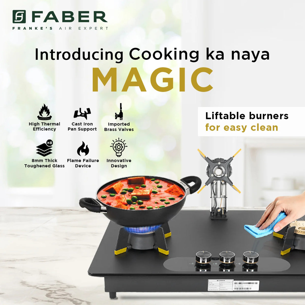 Faber Magiclift HT753 BR CI AI 75 cm Built-In Gas Hob – 3 Burners, Liftable Easy-Clean Design & Flame Failure Safety-9