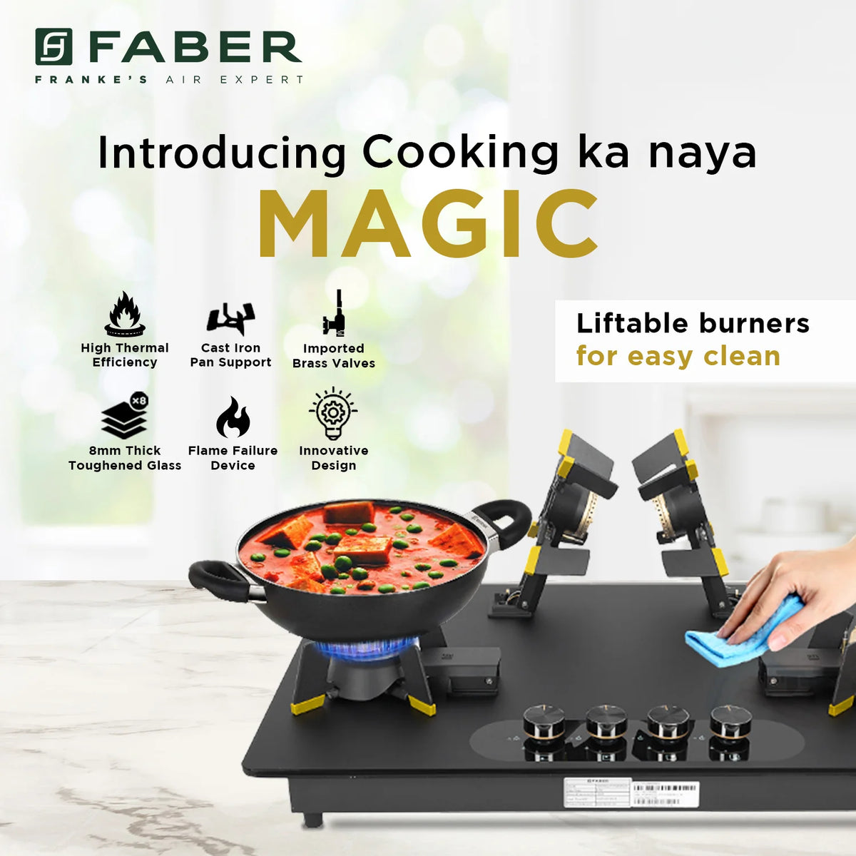 Faber Magiclift HT804 BR CI AI 80 cm Built-In Gas Hob – 4 Burners, Liftable Easy-Clean Design & Flame Failure Safety-9