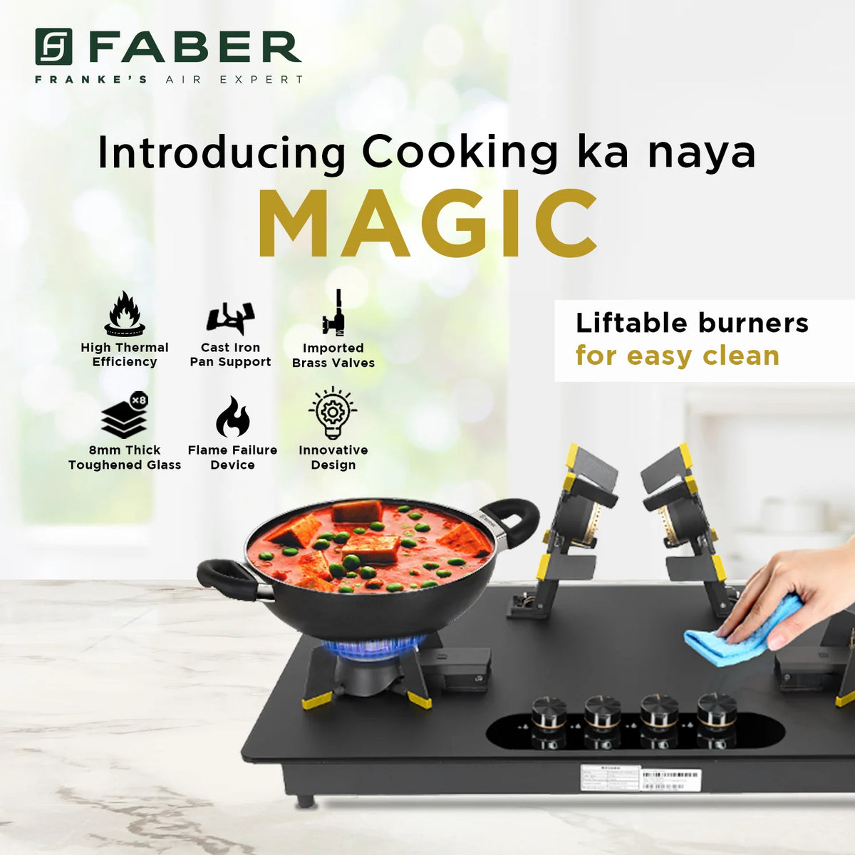 Faber Magiclift HT904 BR CI AI 90 cm Built-In Gas Hob – 4 Burners, Liftable Easy-Clean Design & Flame Failure Safety-8