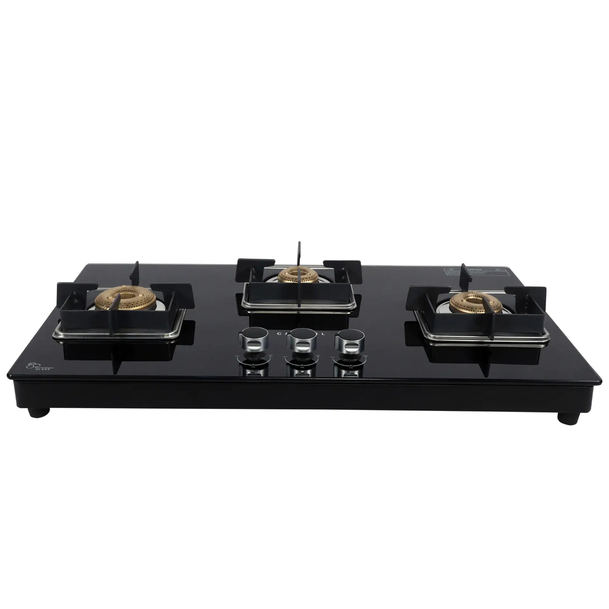 Carysil Hornet 3 Burner Gas Cooktop | Brass Burners, Auto Ignition, Black Tempered Glass, Heavy Pan Support