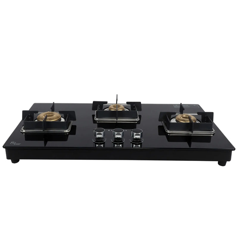 Carysil Hornet 3 Burner Gas Cooktop | Brass Burners, Auto Ignition, Black Tempered Glass, Heavy Pan Support-1