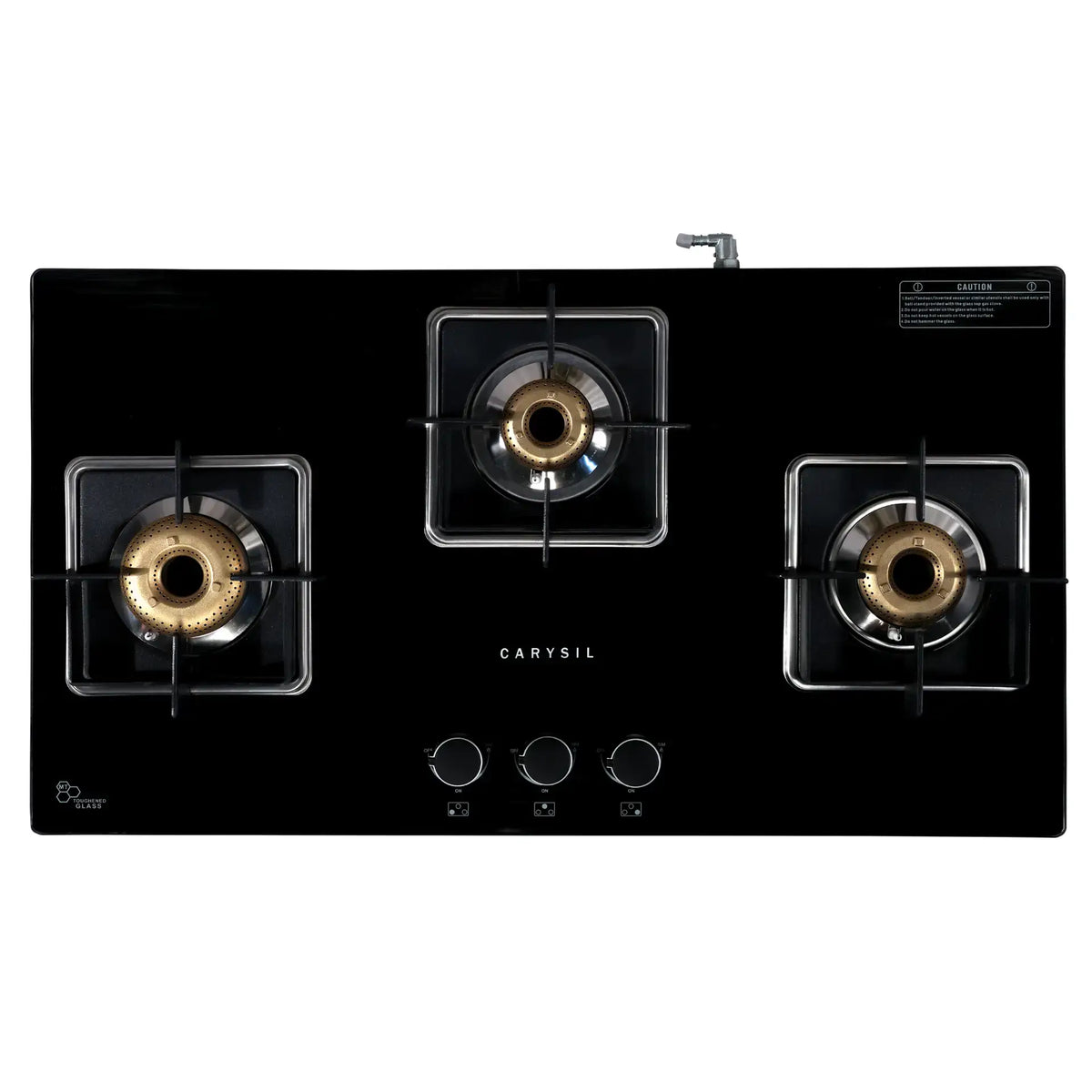 Carysil Hornet 3 Burner Gas Cooktop | Brass Burners, Auto Ignition, Black Tempered Glass, Heavy Pan Support