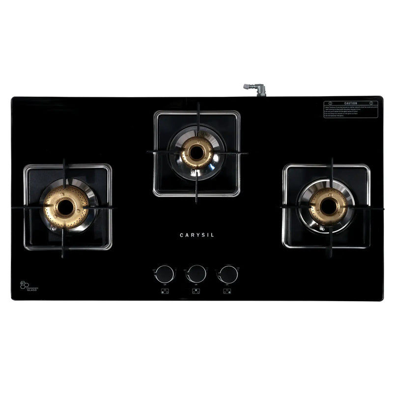 Carysil Hornet 3 Burner Gas Cooktop | Brass Burners, Auto Ignition, Black Tempered Glass, Heavy Pan Support-2