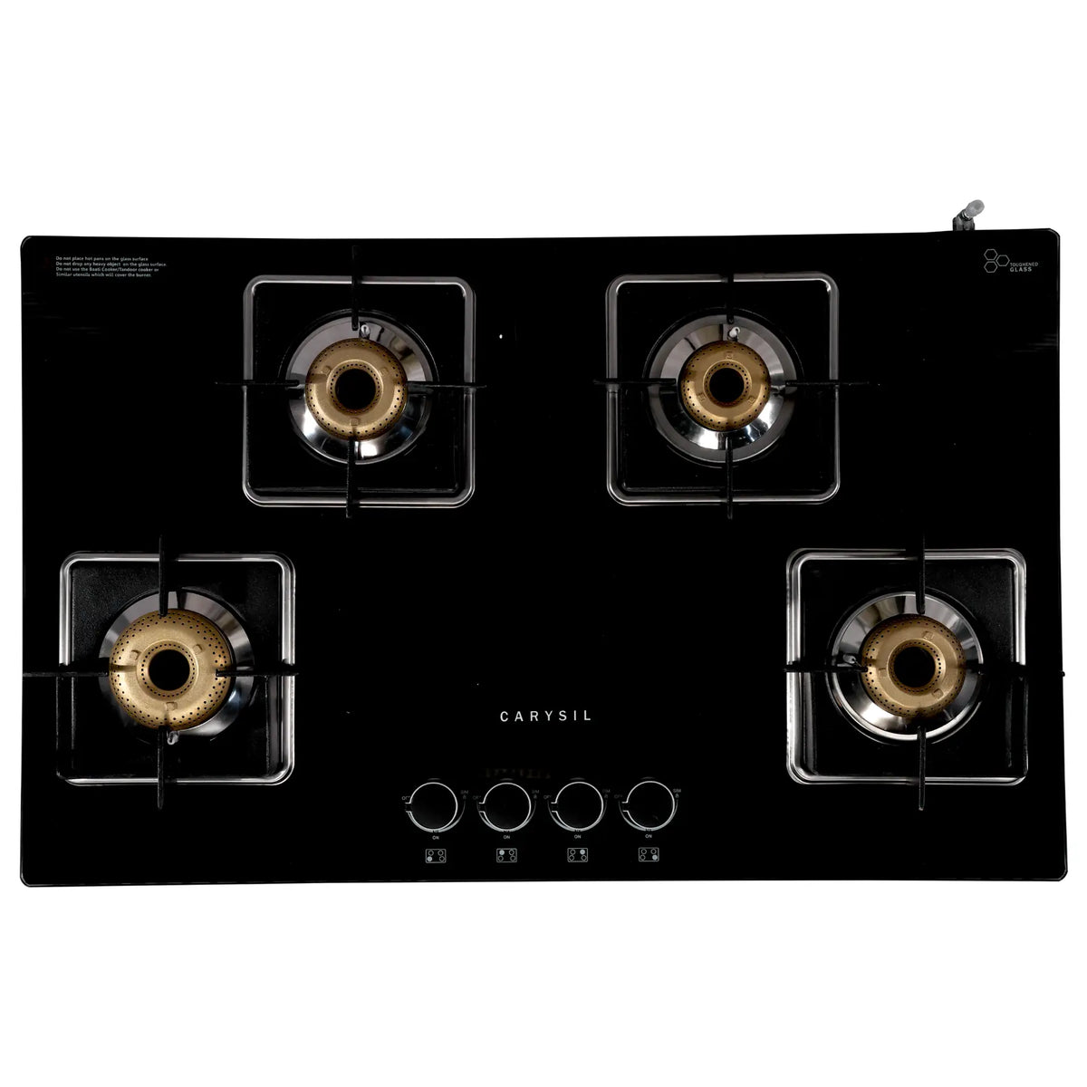 Carysil Hornet 4 Burner Gas Cooktop | Brass Burners, Auto Ignition, Cast Iron Pan Support, 8mm Black Tempered Glass-2