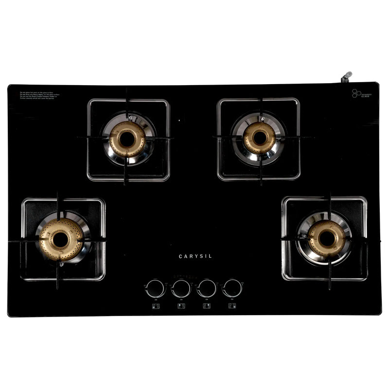 Carysil Hornet 4 Burner Gas Cooktop | Brass Burners, Auto Ignition, Cast Iron Pan Support, 8mm Black Tempered Glass-2