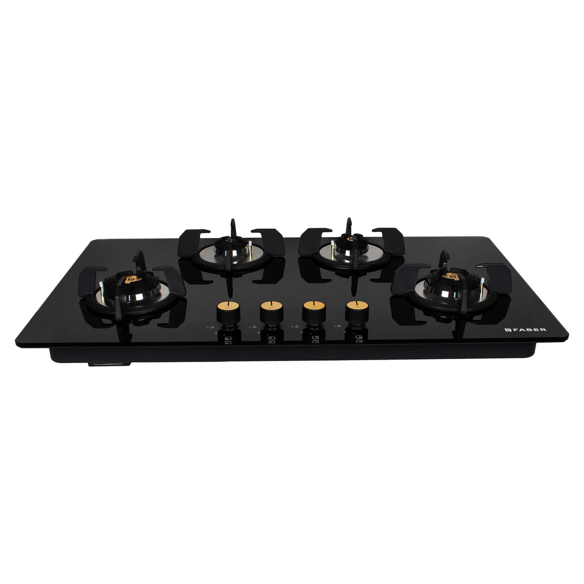 Faber Hob Maxus HT904 CRS BR CI AI – 4-Burner Brass Gas Hob, Tempered Black Glass, Auto Ignition, 90cm