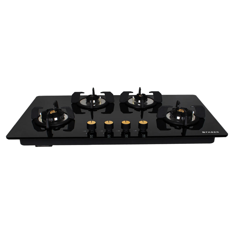 Faber Hob Maxus HT904 CRS BR CI AI – 4-Burner Brass Gas Hob, Tempered Black Glass, Auto Ignition, 90cm-1