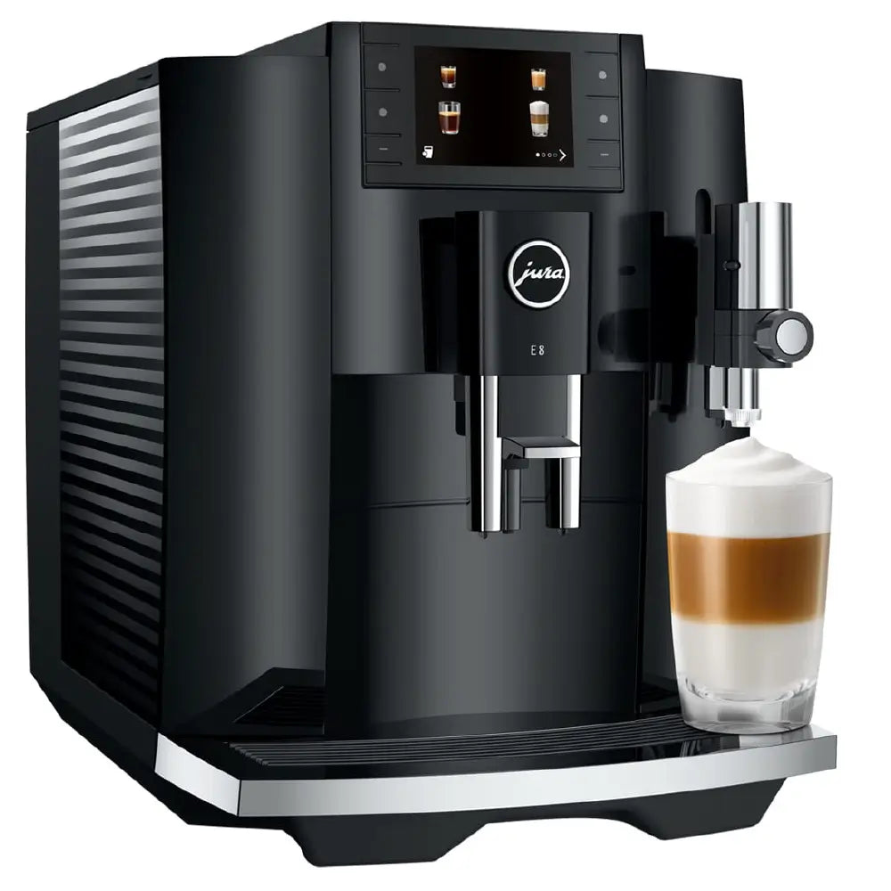 Jura E8 (Latest 2025 Model) Automatic Coffee Machine – 17 Specialty Drinks, P.A.G.2 Grinder, 3.5” Display, One-Touch Milk Cleaning (Piano Black)