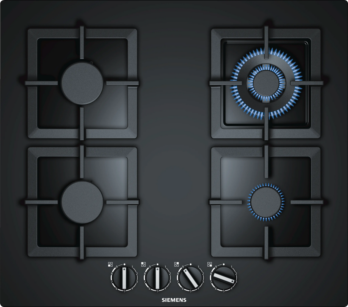 Siemens iQ500 Gas Hob 60 cm (EP6A6HB20I) – 4 Burners, Wok Burner, stepFlame Technology, Black Tempered Glass