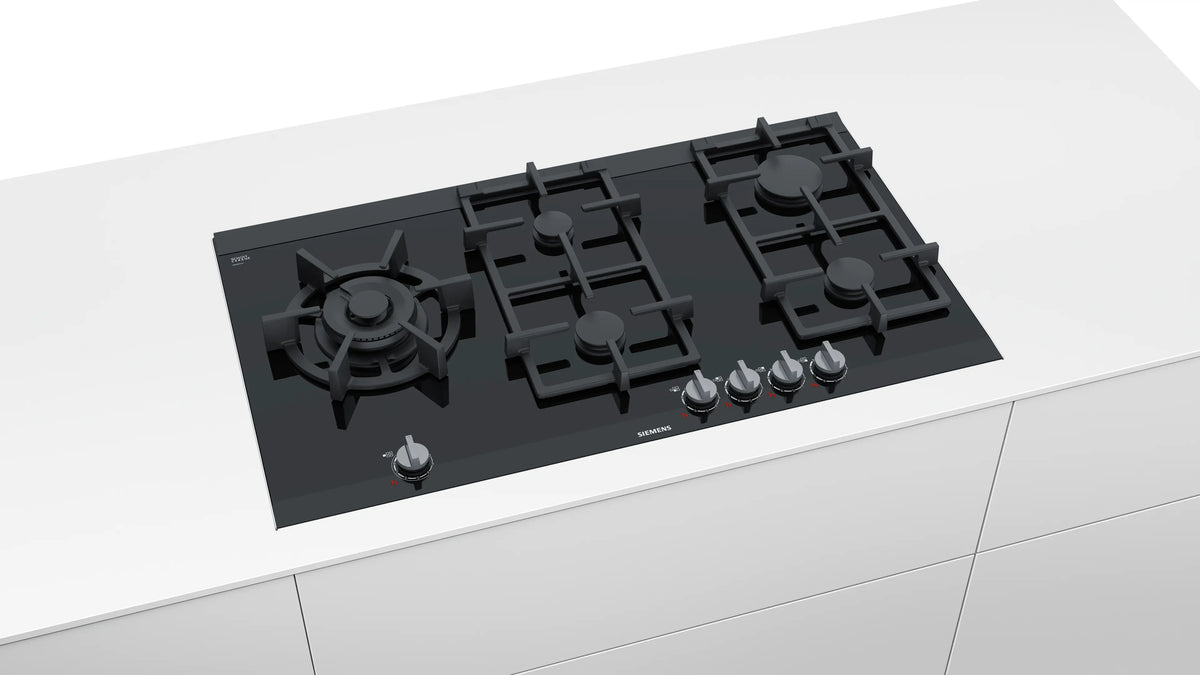 Siemens iQ700 Gas Hob 90 cm (ER9A6SD70I) – 5 Burners, 6.0 kW Dual Wok Burner, stepFlame Technology, Black Ceramic