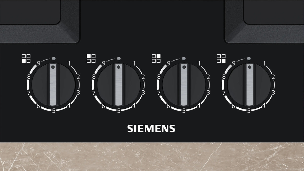 Siemens iQ500 Gas Hob 60 cm (EP6A6HB20I) – 4 Burners, Wok Burner, stepFlame Technology, Black Tempered Glass
