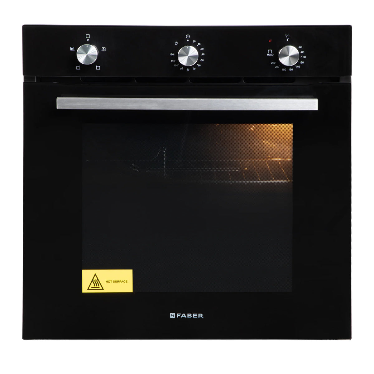 Faber FBIO 80L 4F BK Built-in Oven – 80L Black Glass, 4 Cooking Functions, Push/Pull Knob Control, Mechanical Timer, Convection Cooking, Energy Efficient