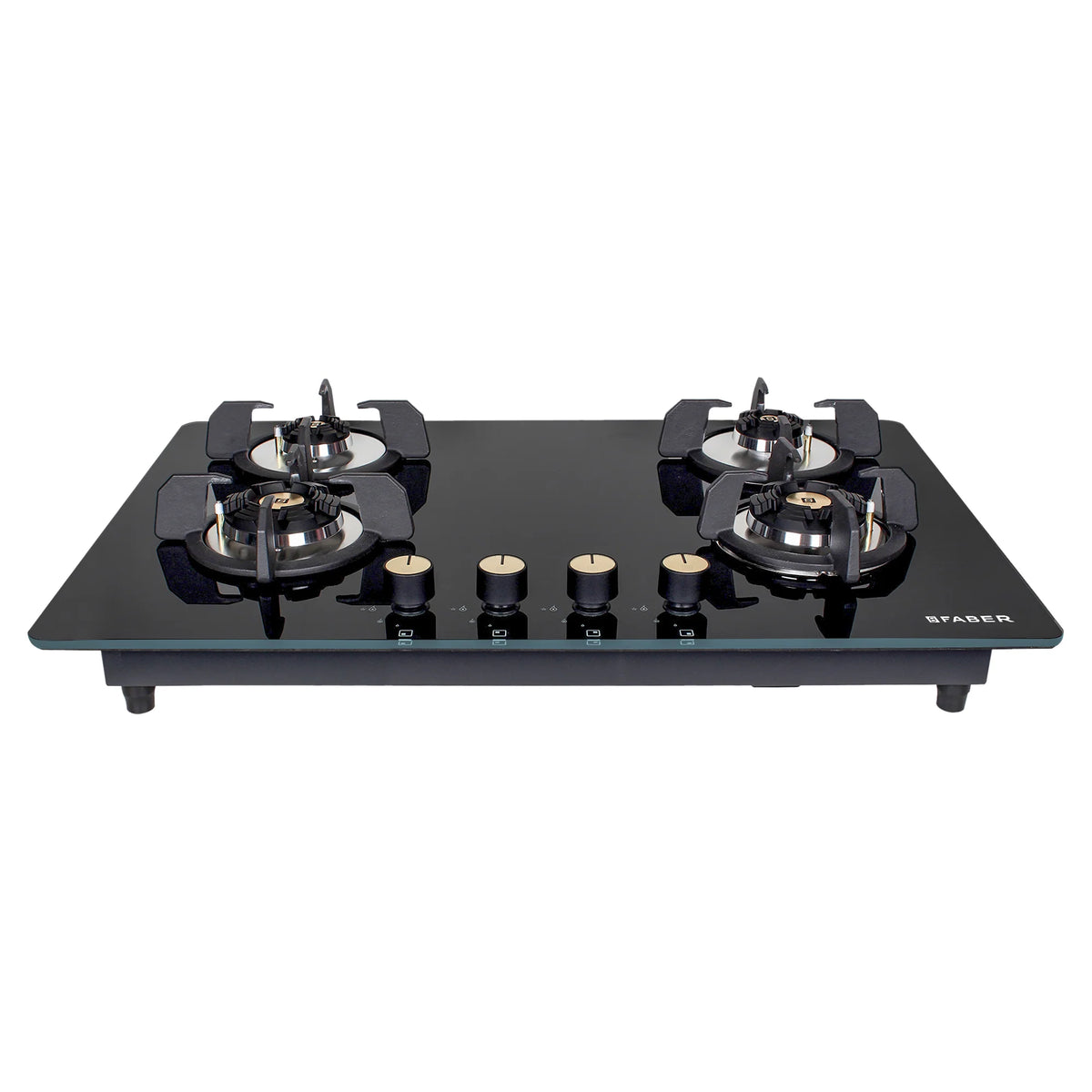 Faber Hob Maxus HT784 CRS BR CI AI – 4-Burner Brass Gas Hob, Tempered Black Glass, Auto Ignition, 78cm