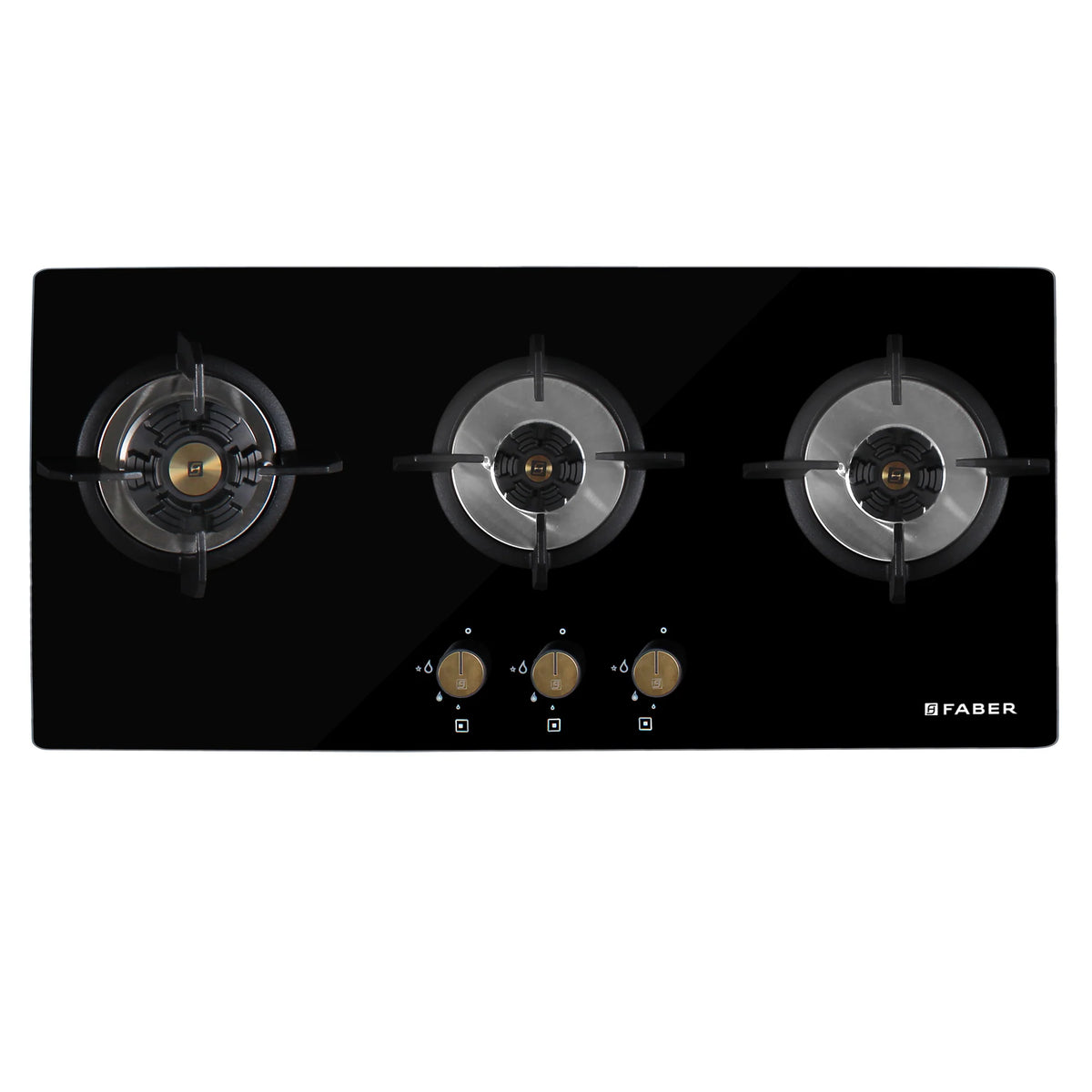 Faber Hob Maxus HT803 CRS BR CI AI – 3-Burner Brass Gas Hob, Tempered Black Glass, Auto Ignition, 80cm-10