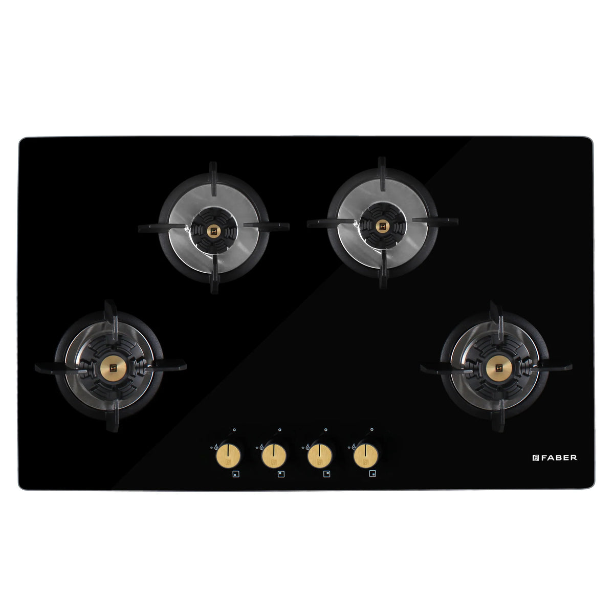 Faber Hob Maxus HT904 CRS BR CI AI – 4-Burner Brass Gas Hob, Tempered Black Glass, Auto Ignition, 90cm-4