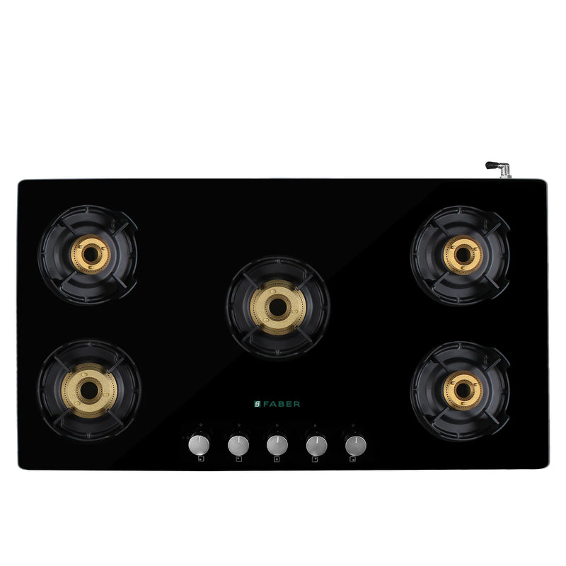 Faber NIOS DLX 905 BB BK Gas Cooktop – 90cm 5 Burner, Brass Burners, Powder Coated Finish, Manual Ignition-1