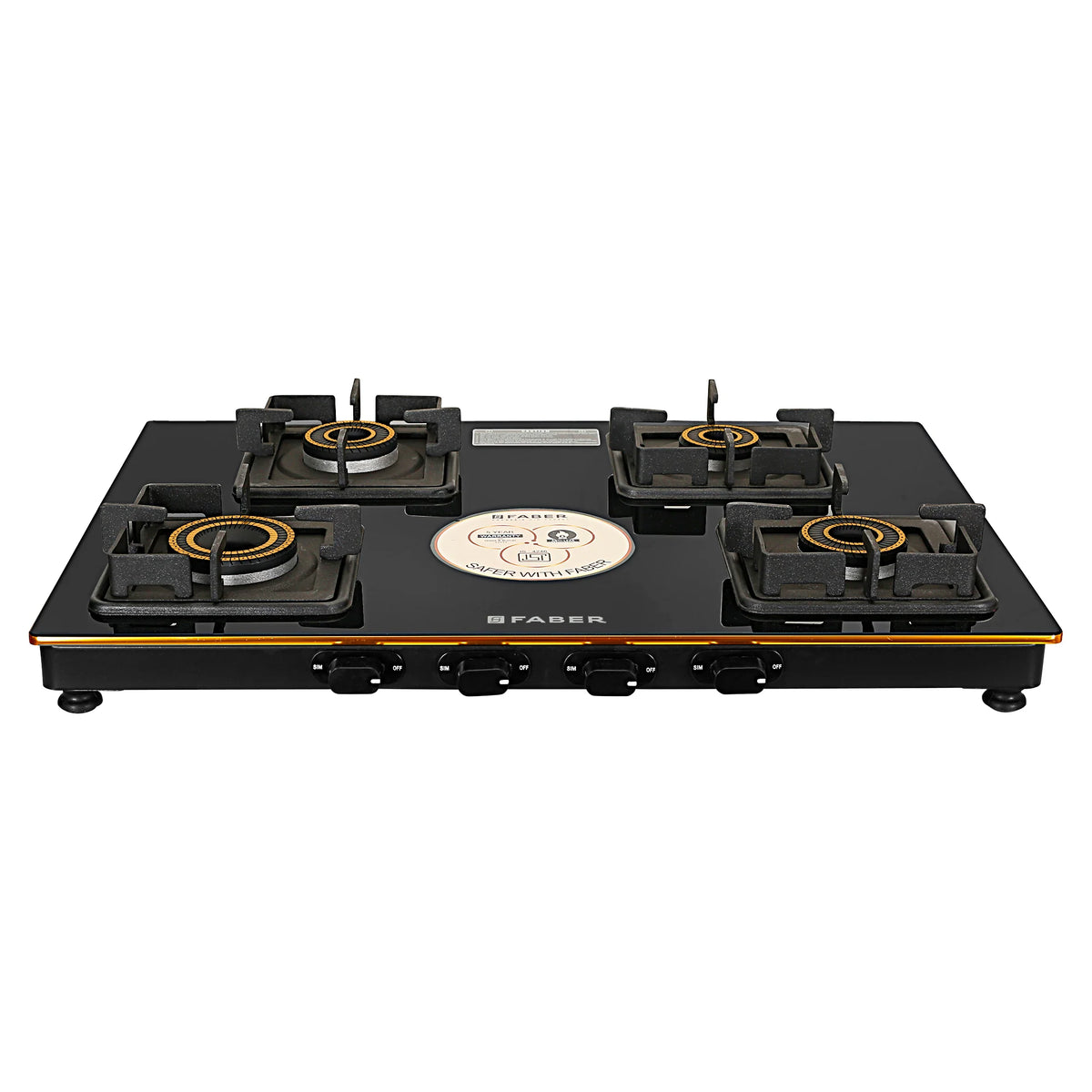 Faber HOB COOKTOP Prince Plus 4BB BK – 4 Burner Gas Cooktop with Brass Burners, Jumbo Burner, Diamond Coated Finish
