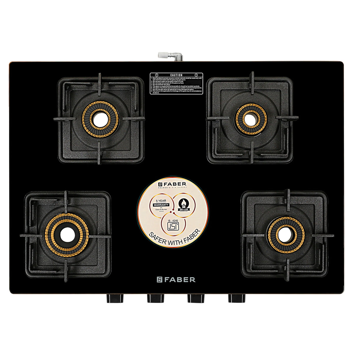 Faber HOB COOKTOP Prince Plus 4BB BK – 4 Burner Gas Cooktop with Brass Burners, Jumbo Burner, Diamond Coated Finish-3