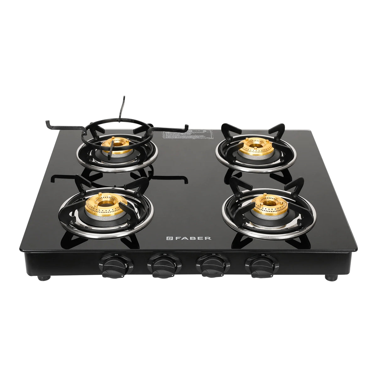 Faber Cooktop Power 4BB BK – 4 Burner Gas Cooktop with Brass Burners | MS Powder Coated Finish | Manual Ignition