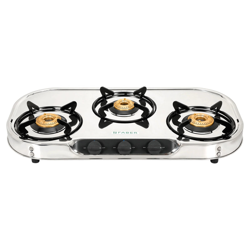 Faber HOB COOKTOP CRYSTAL 3BB SS – 3 Burner Gas Cooktop, Brass Burners, Stainless Steel Body, Manual Ignition-1