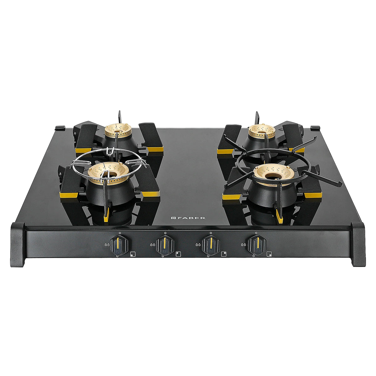 Faber HOB COOKTOP GENIUS 704 BK – 70cm 4 Burner Gas Hob, Brass Burners, Manual Ignition, Black Glass Finish