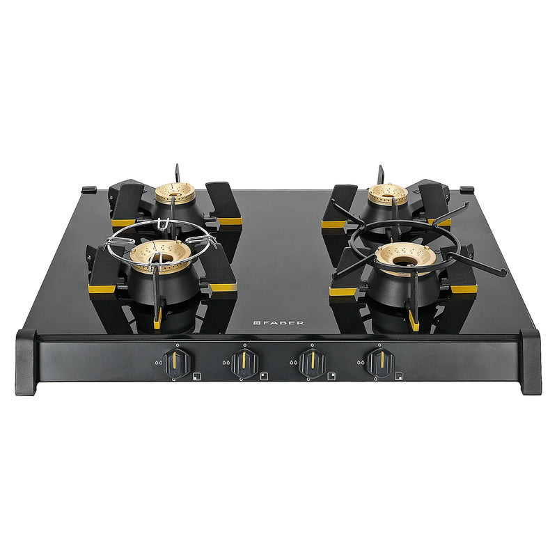Faber HOB COOKTOP GENIUS 704 BK – 70cm 4 Burner Gas Hob, Brass Burners, Manual Ignition, Black Glass Finish-1
