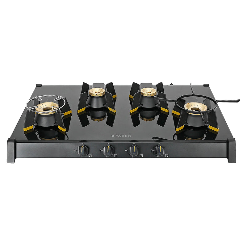 Faber HOB COOKTOP GENIUS 804 AI BK – 80cm 4 Burner Gas Hob, Brass Burners, Auto Ignition, Black Glass Finish-1