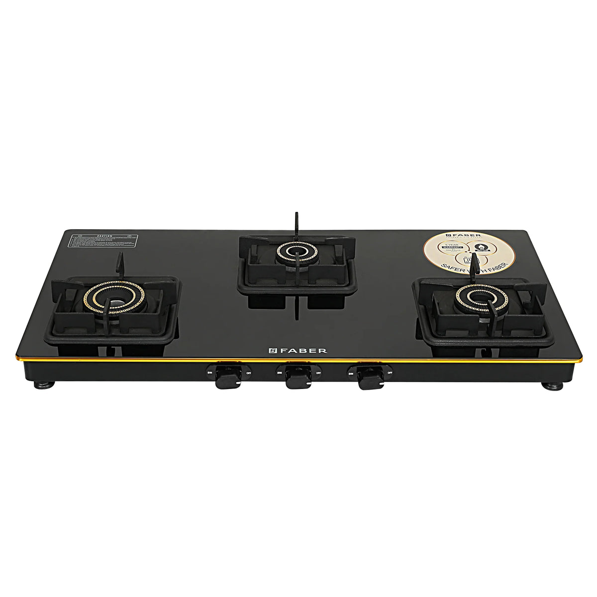 Faber HOB COOKTOP Prince Plus 3BB BK – 77cm 3 Burner Gas Cooktop with Jumbo Burner, Toughened Black Glass, Brass Burners-1