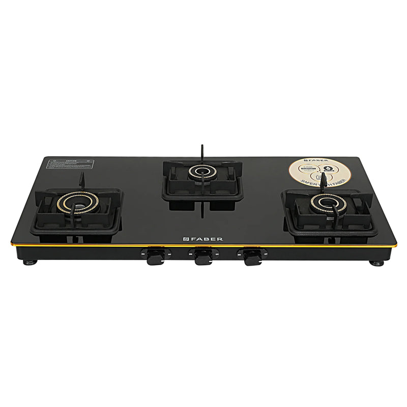 Faber HOB COOKTOP Prince Plus 3BB BK – 77cm 3 Burner Gas Cooktop with Jumbo Burner, Toughened Black Glass, Brass Burners-1