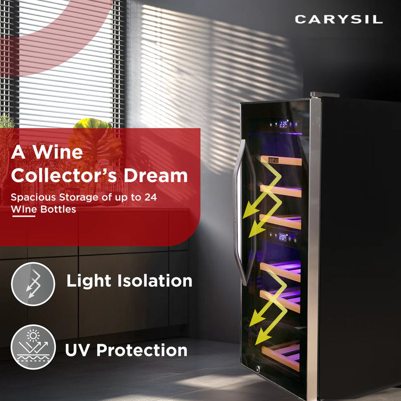 Carysil Wine Chiller – 24 Bottles, Dual Zone Cooling (3°C–20°C), Free Standing Wine Cooler with LED Display, Wooden Shelves & Toughened Glass Door-7