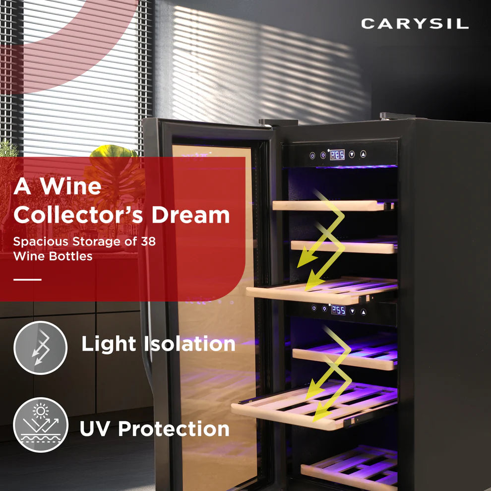 Carysil Wine Chiller – 38 Bottles, Dual Zone Cooling (3°C–20°C), Free Standing Wine Cooler with LED Display, Wooden Shelves & Toughened Glass Door-8