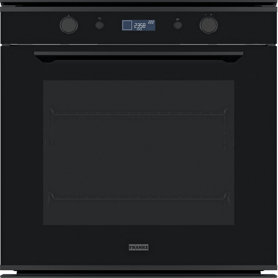 Franke Mythos FMY 98 P BK Built-in Pyrolytic Oven (73L, Black Glass, A+ Energy, 10 Functions, LCD Display, Self-Cleaning, Soft Close Door)