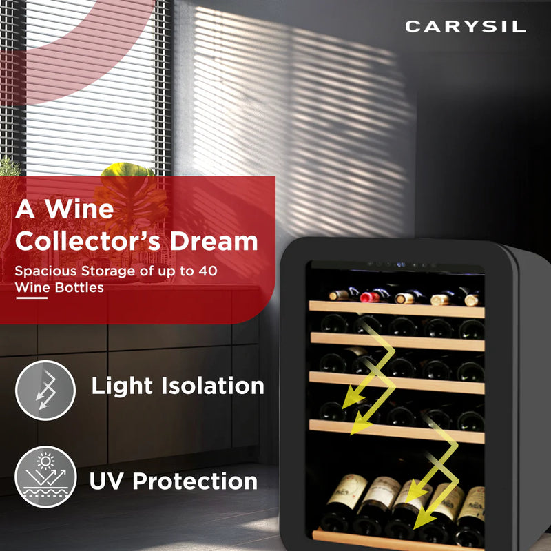 Carysil Retro Wine Chiller 40 Bottles (118L) | Single Zone 3°C–20°C | Compact Freestanding Wine Cooler | Toughened Glass Door | Stylish Retro Design-8