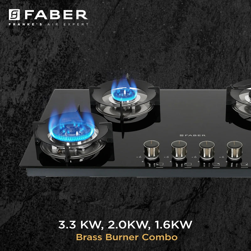Faber HOB SUPERIA HT904 BR AI N – 4-Burner Brass Gas Hob, Toughened Black Glass, Auto Ignition, 90cm-7