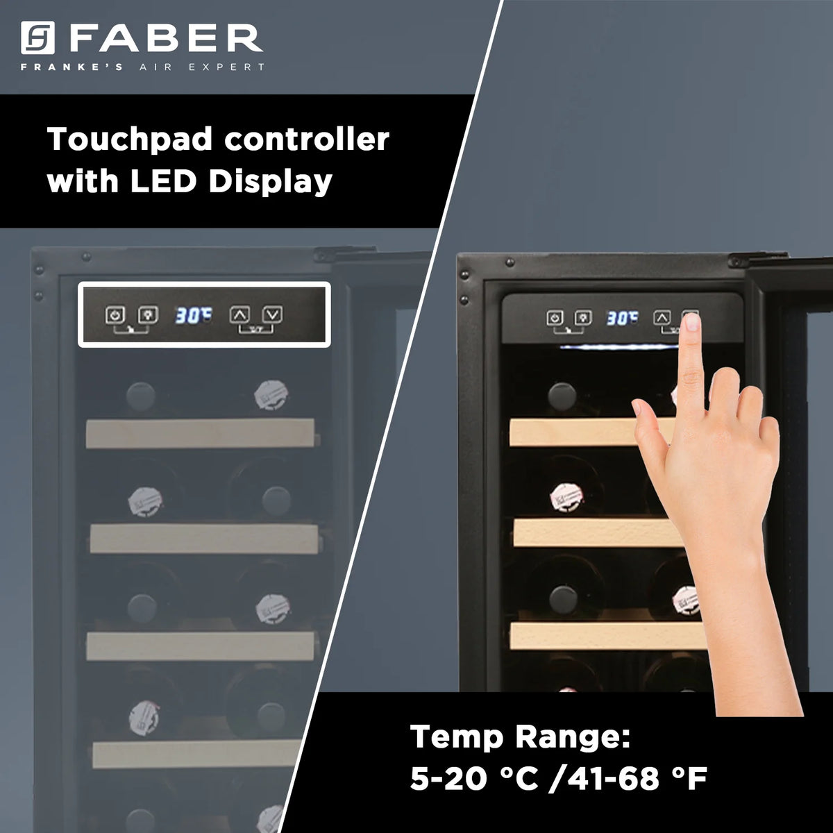 Faber FWC JCF-58 Wine Cooler – 20 Bottle Capacity, Single Zone Cooling, Touch LED Display, Wooden Shelves, Built-in / Freestanding-8
