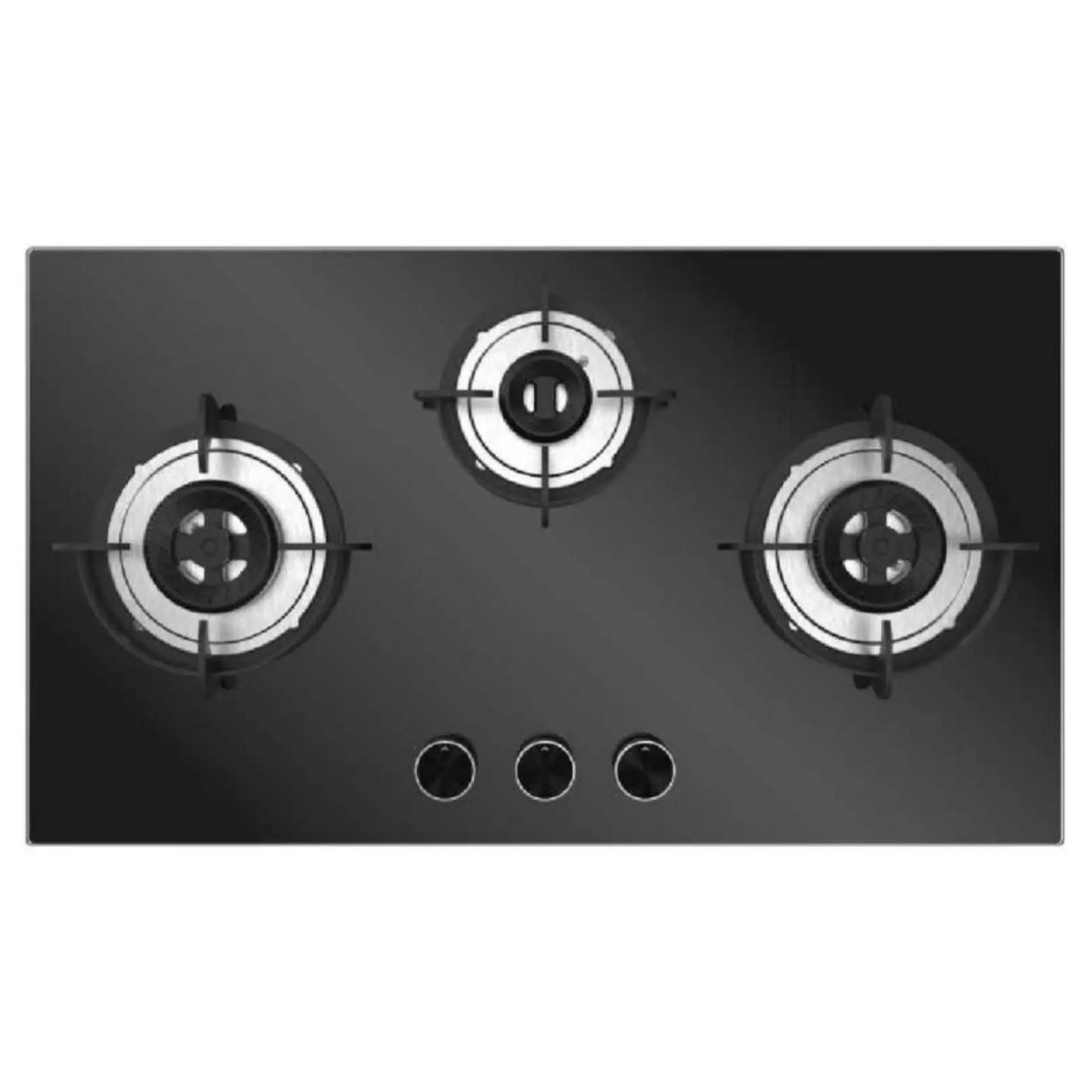 Carysil Bravo 78cm Built-In Glass Hob – 3 Brass Burners, Triple Ring Burner, Cast Iron Support, Battery Ignition, 8mm Black Tempered Glass-1